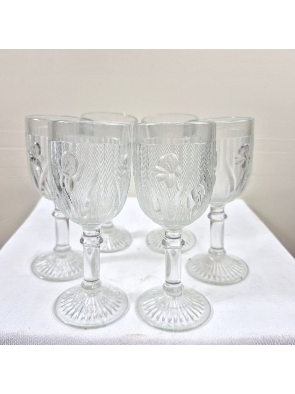 Jeanette Iris & Herringbone Clear Glass Goblets Set Of 6 Vintage 4.5" Tall